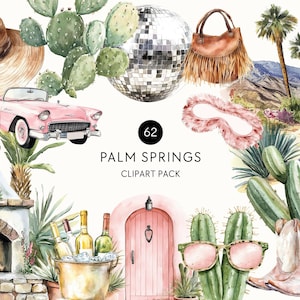 Palm Springs Clipart, 70s Summer Aesthetic, Retro Desert vibes, Boho Glam Decor, Travel & Bachelorette Watercolor Elements, Commercial Use