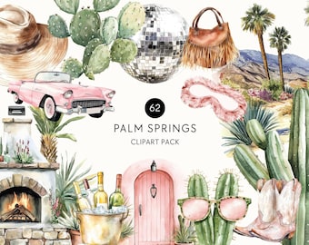 Clipart di Palm Springs, estetica estiva anni '70, atmosfere retrò del deserto, decorazioni boho glamour, elementi acquerello di viaggi e addio al nubilato, uso commerciale