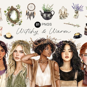 Witchy & Warm Halloween Clipart | Cozy Fall PNG Bundle, Cottagecore Witch Clip Art, Autumn Girls Stickers, Magical Halloween, Commercial Use