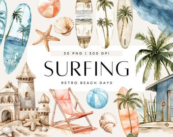 Retro Surf Clipart, The Big One Birthday Surfboard, Surfs Up, Summer Vibes, Surfing, Watercolor Clip Art, Commercial Use, Transparent PNG