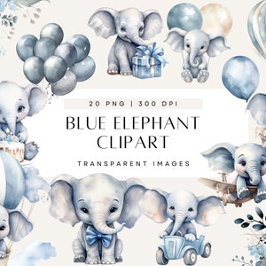 Baby Elefant Clipart, Elefant mit Ballon, Babyparty für einen Jungen, blauer Geburtstag, Aquarell Clip Art, kommerzielle Nutzung, transparenter PNG