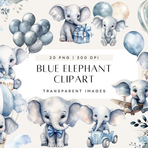 Baby Boy Elephant Clipart, Elephant With Balloon, Baby Shower for a Boy, Blue Birthday, Watercolor Clip Art, Commercial use, Transparent PNG