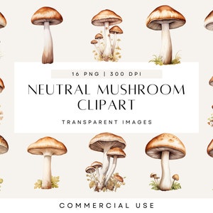 Clipart champignon, clipart aquarelle neutre, clipart automne groovy, boho champignons, PNG transparent, usage commercial, best-seller