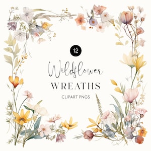 Wild Floral Frames Clipart, Watercolor Flowers, Florals Border, Flower Wreath, Foliage, Wedding Invitation Clip Art, Commercial Use, PNG