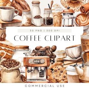 Bundle de cliparts café, grain de café, café glacé, tea party, amateurs de café, tasse à café, clipart pâtisserie, PNG transparent, usage commercial
