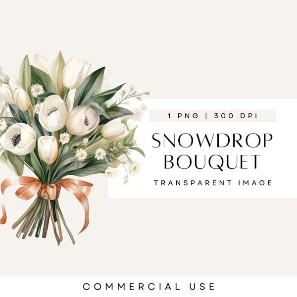 Floral Invite Clip Art, Winter Bridal Bouquet Clipart, Bridesmaid Florals, White Flower, Wedding Flowers, Commercial Use, Snowdrop, SINGLE