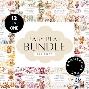 Paquete de imágenes prediseñadas de osito de peluche en acuarela, guardería bohemia neutra, descarga para baby shower, globo aerostático de oso, uso comercial, PNG transparente