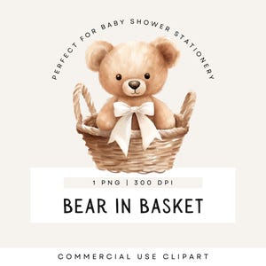 Clipart de urso de pelúcia vintage, convite para chá de bebê, cesta de urso fofa, gênero neutro, download digital único, uso comercial, PNG transparente