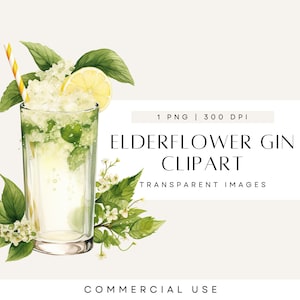 Clip Art bevanda firmata, cocktail al gin, fiori di sambuco, cartello matrimonio, clipart alcol, illustrazione bevanda, PNG trasparente, uso commerciale