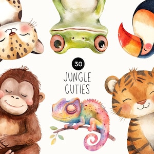 Könnte beinhalten: Aquarellillustration von sechs Dschungeltieren, darunter ein Leopard, ein Frosch, ein Tukan, ein Affe, ein Chamäleon und ein Tiger. Der Text "30 Jungle Cuties" befindet sich in der Mitte. Jedes Tier hat einen lächelnden Ausdruck und ist in leuchtenden Farben gemalt.