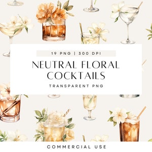 Clipart di cocktail neutri, drink con firma floreale, menu di cocktail per matrimoni, cocktail semplici, per uso commerciale, PNG trasparente