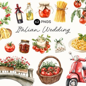 May include: A watercolour illustration featuring Italian wedding themes. It includes tomatoes, pasta, wine, olive oil, and a red scooter with a basket of flowers. The text "Italian Wedding" is visible.