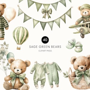 Clipart vert sauge pour baby shower, ours en peluche neutre entre les sexes, ours avec des ballons, éléments de verdure aquarelle, usage commercial, PNG transparent