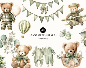 Salbei grün Baby Dusche Clipart, Gender Neutral Teddybär, Bär mit Luftballons, Aquarell Greenery Elemente, kommerzielle Nutzung, transparente PNG