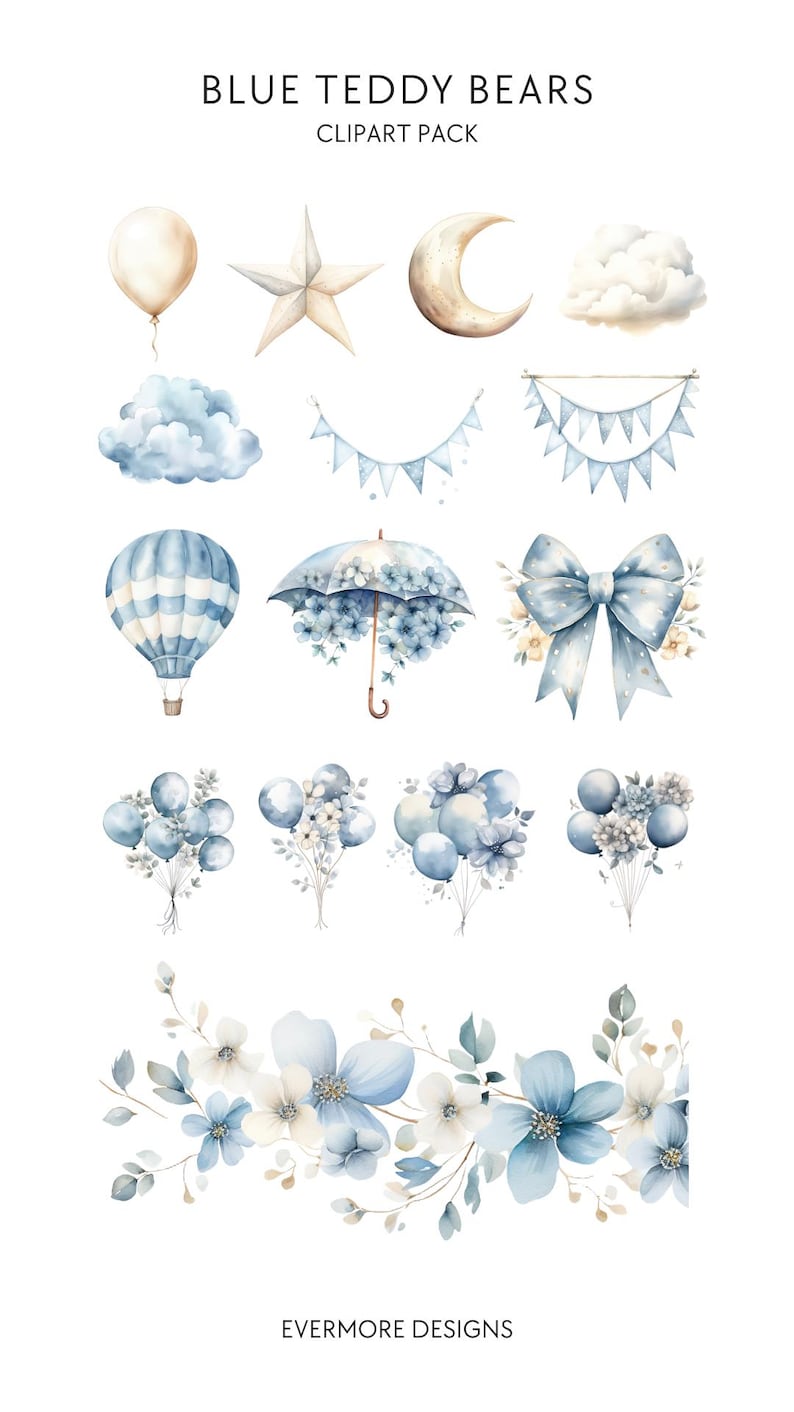 Watercolor Teddy Bear Clip Art Clipart Pack, Baby Shower for a Boy ...