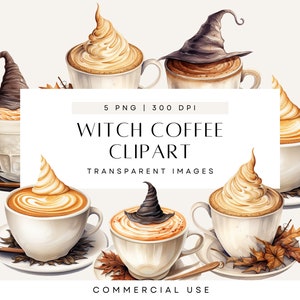 Clipart café Halloween, clipart boissons, chapeau de sorcière, latte art, tasse à café effrayante, esthétique amateur de café, aquarelle neutre, usage commercial