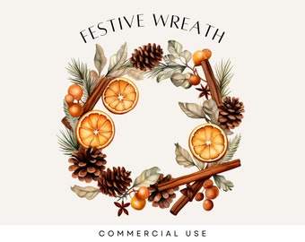 Watercolor Winter Wreath Clipart, Citrus clipart, Dried Orange, Christmas Foliage, Bohemian Wedding, Pine Cone, Holly Berries, Boho Flower
