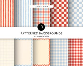 Puede incluir: Una colección de diez fondos digitales con patrones que incluyen rayas rojas y azules, cuadros, vichy y diseños de cuadrícula. El texto dice 10 PATTERNED BACKGROUNDS PETITE BEBE BUNDLE y COMMERCIAL USE. Algunos diseños incluyen bordes festoneados.