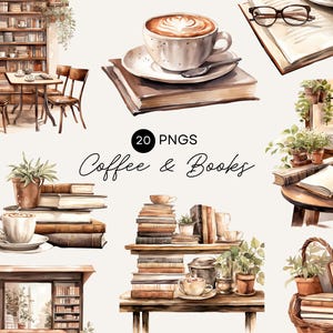 Växter och böcker Clipart, Kaffe och böcker, Cafébutik, Neutral akvarell, Rustik, Kommersiell användning, Transparent PNG, Bästsäljande Clipart