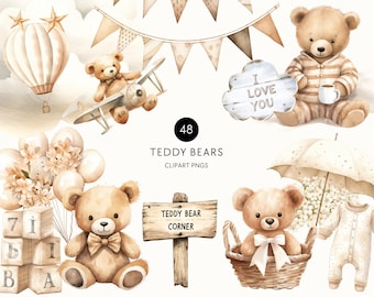 Clipart de acuarela de oso de peluche neutro, ositos de peluche con globos, invitación para baby shower de género neutro, uso comercial, PNG transparente