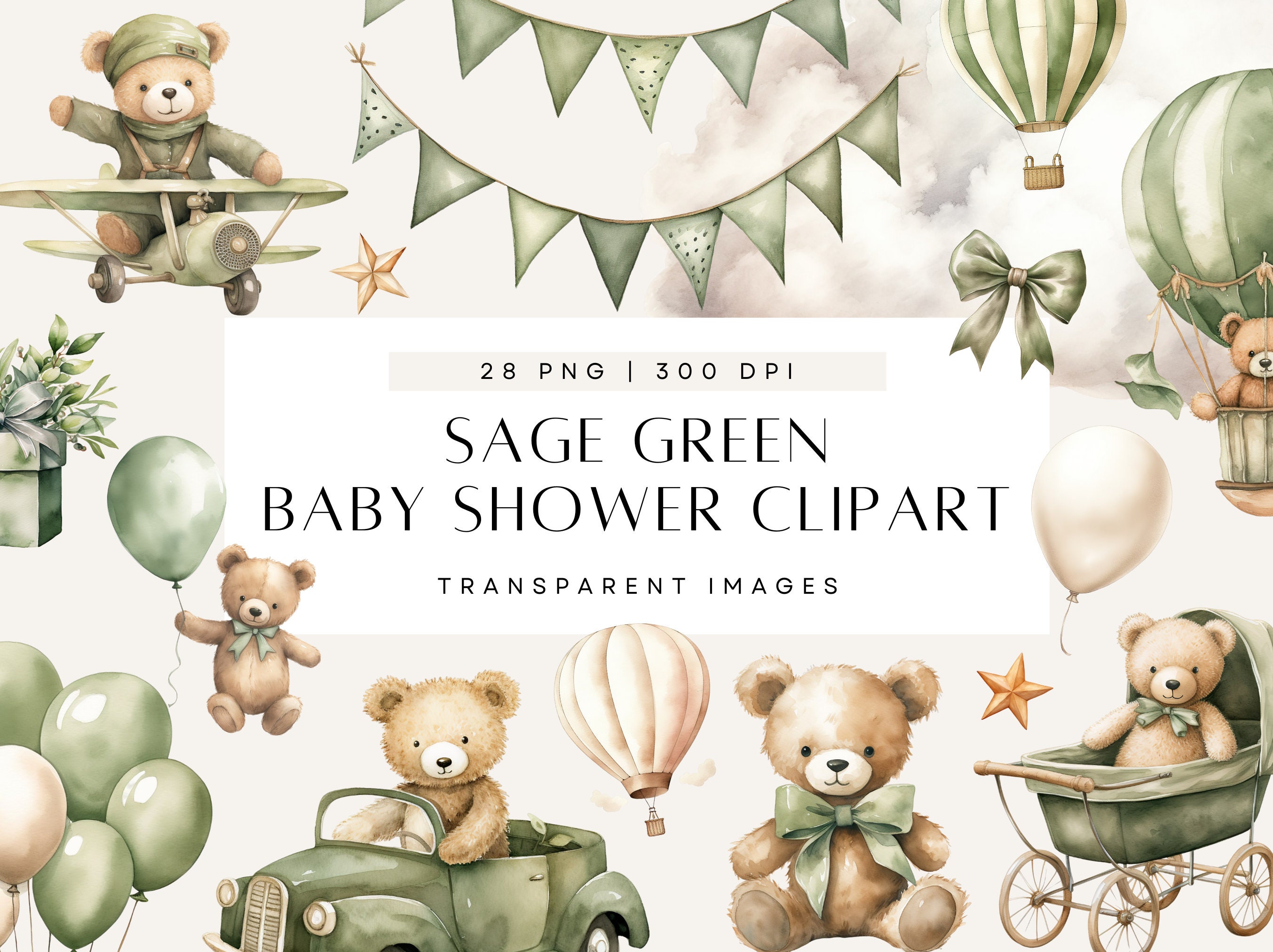 Sage Green Baby Shower Clipart, Gender Neutral Teddy Bear, Bear With ...