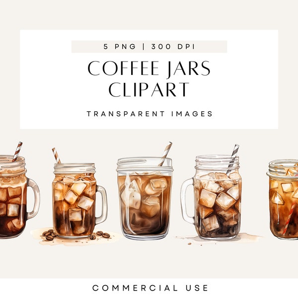 Coffee Jars Clipart, Mason Jar Clip Art, Iced Coffees, Neutral Watercolor, Rustic, Commercial Use, Transparent PNG, Best Selling Image