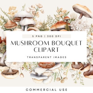 Clipart de buquê de cogumelos, arranjo floral, clipart de cogumelos mágicos, aquarela boho, outono, PNG transparente, uso comercial, mais vendido