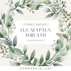 Clipart de feuille d'eucalyptus, Couronne aquarelle, Faire-part de mariage Boho, feuillage, Faire-part moderne, PNG Transparent, usage Commercial