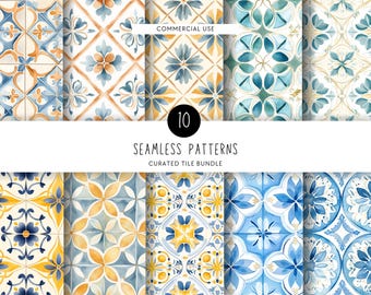 Mediterranean Tiles Clipart, Greece Pattern, Seamless Paper, Texture Pack, Repeating Pattern, Scrapbook Paper, Santorini Wallpaper, Boho