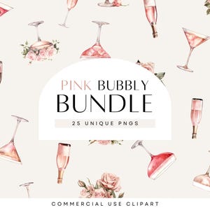 Cocktail Clipart Bundle, bottiglia di champagne rosa, bicchiere di vino rosato, rosa fard polveroso, matrimonio acquerello, PNG trasparente, uso commerciale