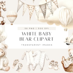 Clipart aquarelle ours en peluche blanc, nounours et ballons, Faire-part de baby shower neutre entre les sexes, tout usage commercial, PNG transparent