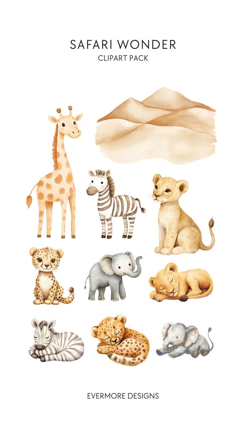 Safari Baby Shower Clip Art | Watercolor Jungle Animals PNG Neutral ...