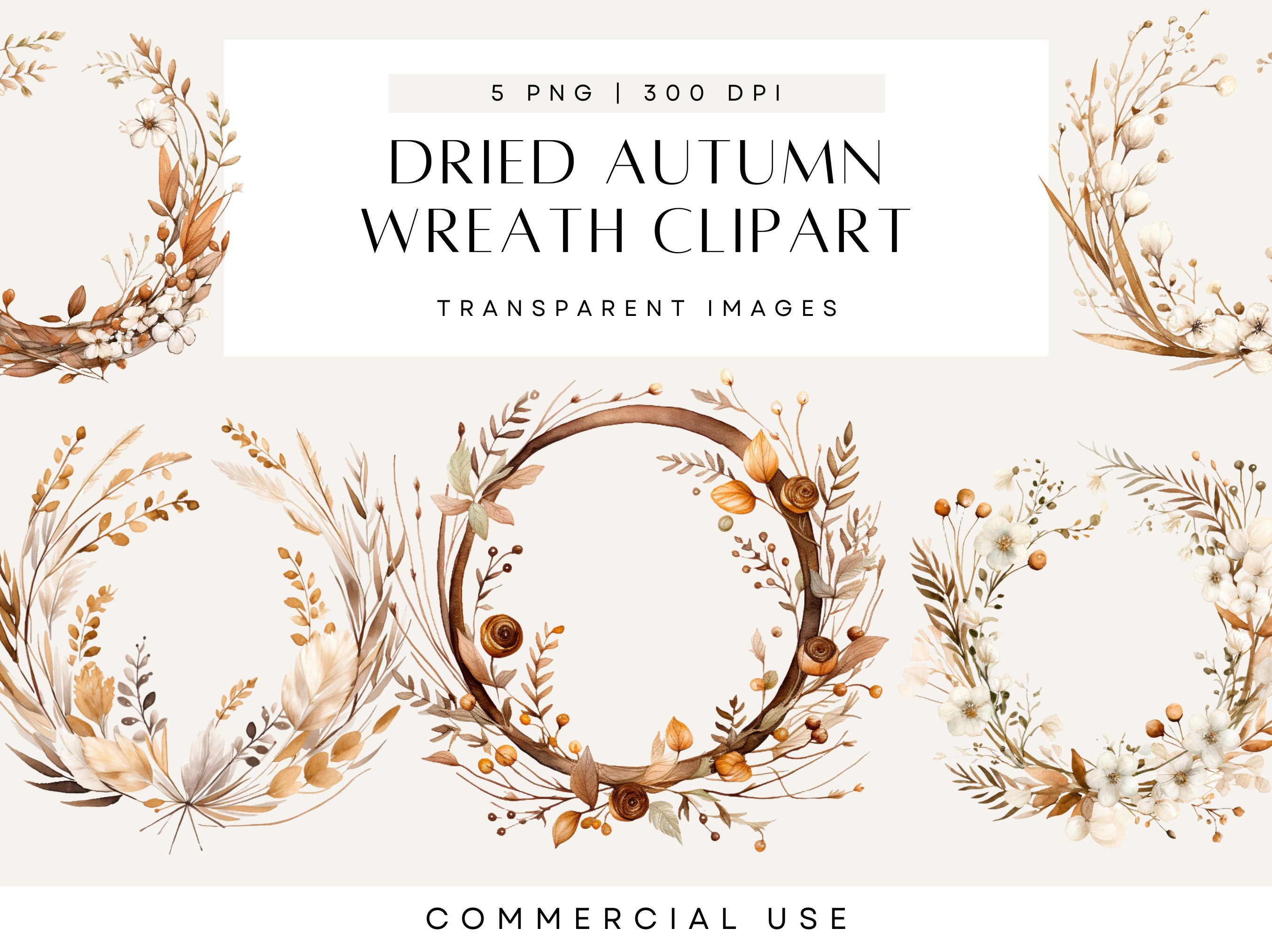 Autumn Wreath Clipart, Delicate Watercolor Floral, Wild Bloom, Dried Flowers, Wedding Design, Clip Art, Transparent PNG, Commercial Use