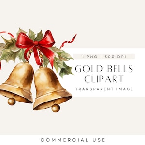 Christmas Bells Clipart, Jingle Bells Clip Art, Holly Greenery, Red Bow, Gold Bell, Neutral Watercolor, Transparent PNG, Commercial Use