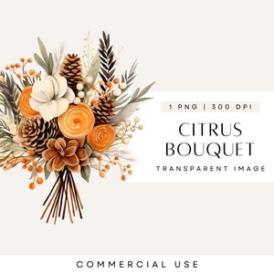 Clipart di fiori ad acquerello Boho Bouquet, Clip Art floreale arancione, Agrumi, Arancia secca, Verde invernale, Clipart di fogliame, Matrimonio Boho