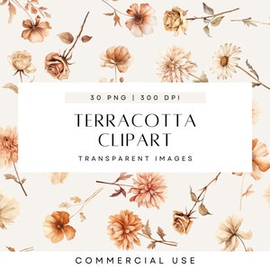 Clipart fleurs en terre cuite, aquarelle bohème, fleurs séchées, Rose, pivoine, conception de mariage Boho, PNG Transparent, usage Commercial