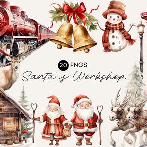 クリスマスワークショップのクリップアート、水彩画の北極の要素、サンタへの手紙のポスト、赤いポーラーエクスプレス、商用利用、透明PNG