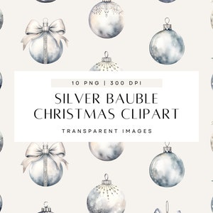 Enfeite de Natal Clipart, Bola de Natal Prateada, Clip Art de Natal, Decoração PNG, Convite em Aquarela, Fundo Transparente, Uso Comercial