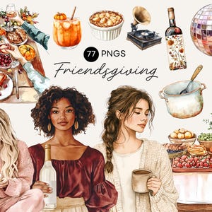May include: Watercolor illustration with the text "Friendsgiving" featuring various food items, drinks, and decorative elements. Includes images of people, a disco ball, a vintage record player, and a wine bottle.