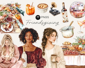 May include: Watercolor illustration with the text "Friendsgiving" featuring various food items, drinks, and decorative elements. Includes images of people, a disco ball, a vintage record player, and a wine bottle.