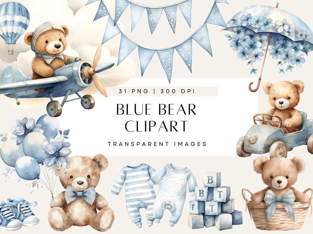 Watercolor Teddy Bear Clip Art Clipart Pack, Baby Shower for a Boy ...