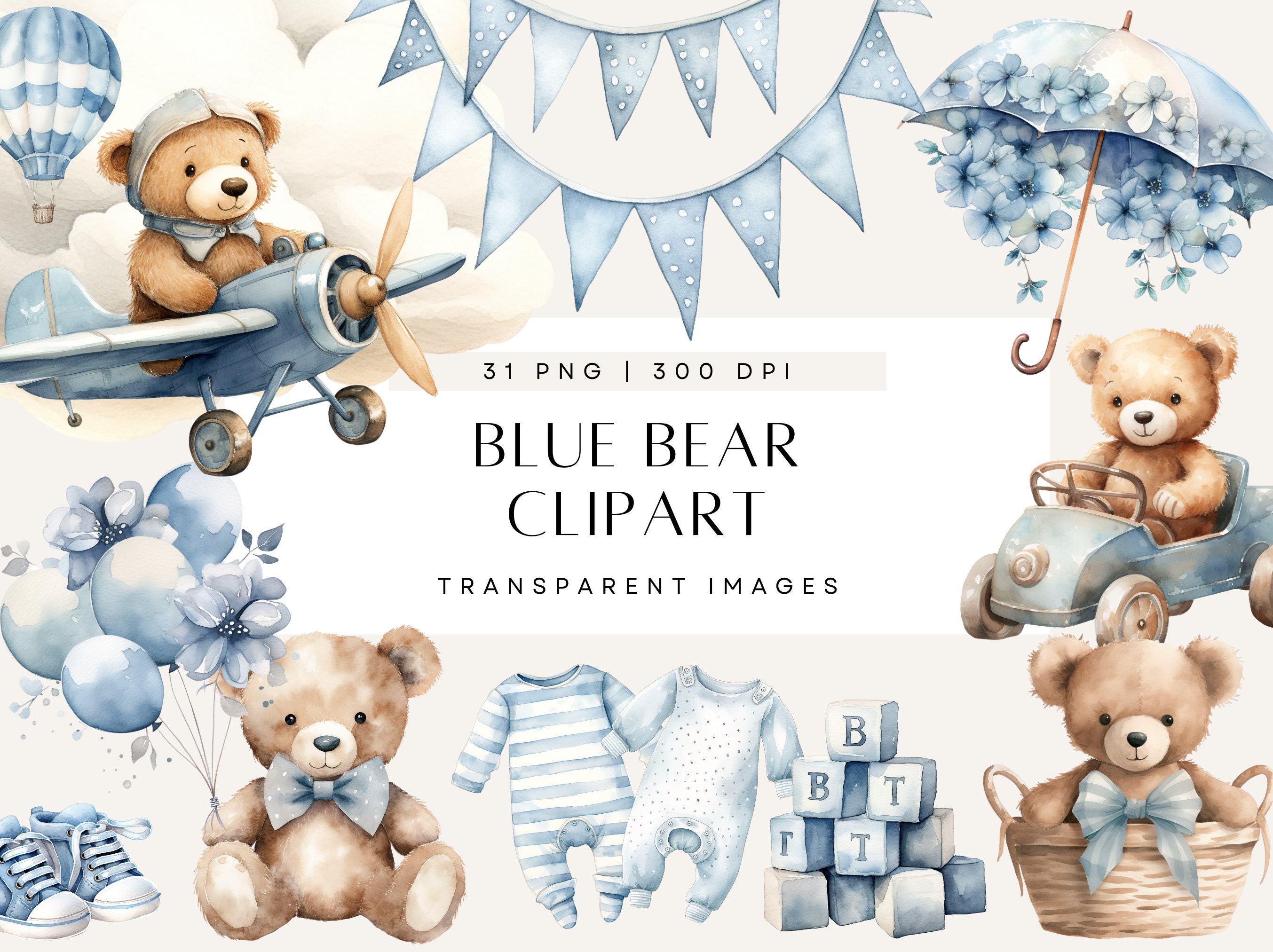Watercolor Teddy Bear Clip Art Clipart Pack, Baby Shower for a Boy ...