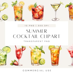 Clipart cocktail estivi, cocktail acquerello, festa in giardino, drink per matrimonio estivo, drink esclusivi, uso commerciale, PNG trasparente