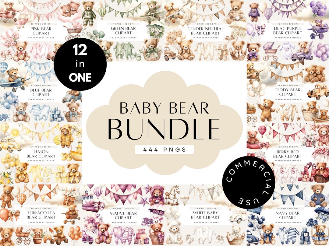 Watercolor Teddy Bear Clipart BUNDLE, Neutral Boho Nursery, Baby Shower ...