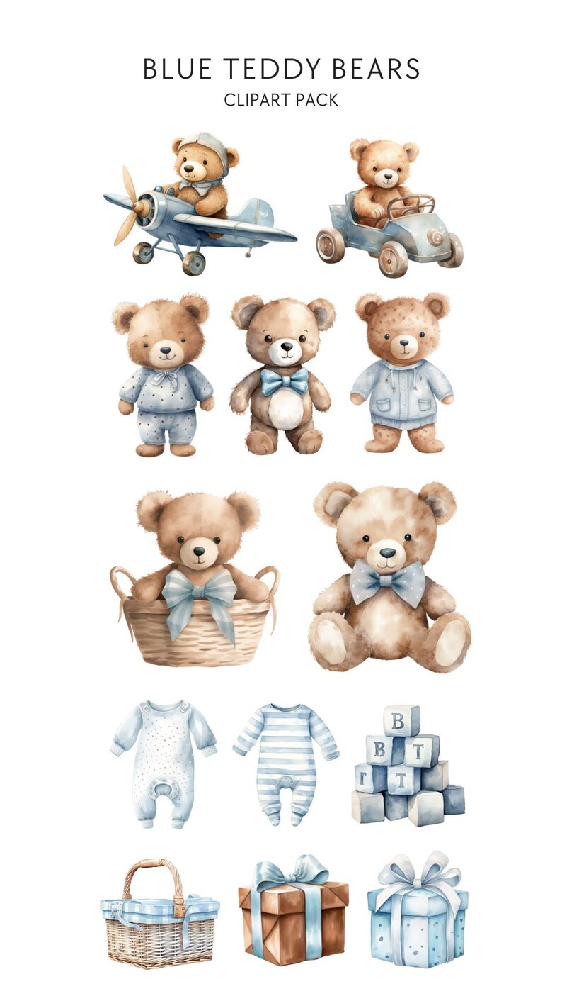 Watercolor Teddy Bear Clip Art Clipart Pack, Baby Shower for a Boy ...