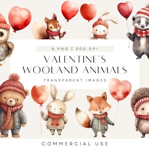 Valentine Woodland Clipart, rotes Herz Luftballons, Teddybär, Tiere, Valentinstag, Aquarell Clip Art, kommerzielle Nutzung, transparente PNG