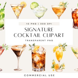 Clipart di cocktail di nozze, drink esclusivi, menu di cocktail per lui e per lei, clipart di invito ad acquerello, PNG trasparente, uso commerciale