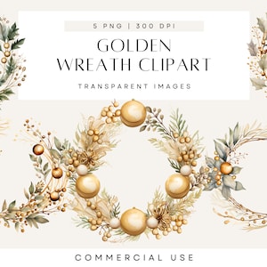 Clipart de guirlanda de Natal dourada em aquarela, decorações festivas de Natal, folhagem de azevinho dourado, casamento de inverno, PNG transparente, uso comercial