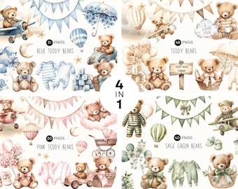Paquete de imágenes prediseñadas de oso de peluche en acuarela, guardería bohemia neutra, descarga para baby shower, globo aerostático de oso para uso comercial, PNG transparente