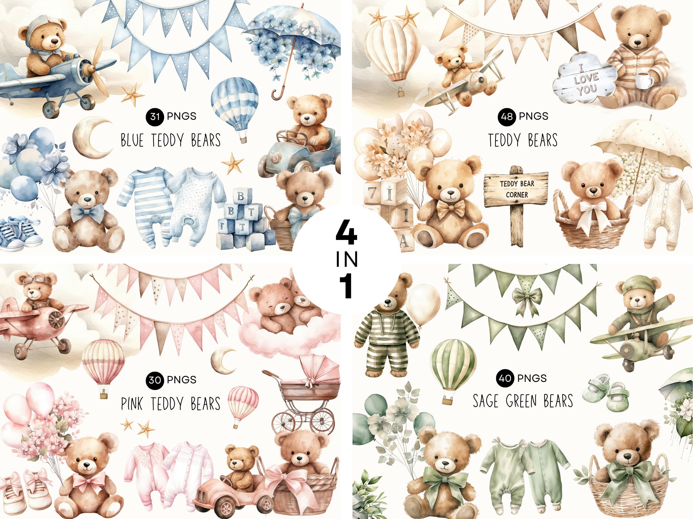 Watercolor Teddy Bear Clipart Bundle, Neutral Boho Nursery, Baby Shower ...
